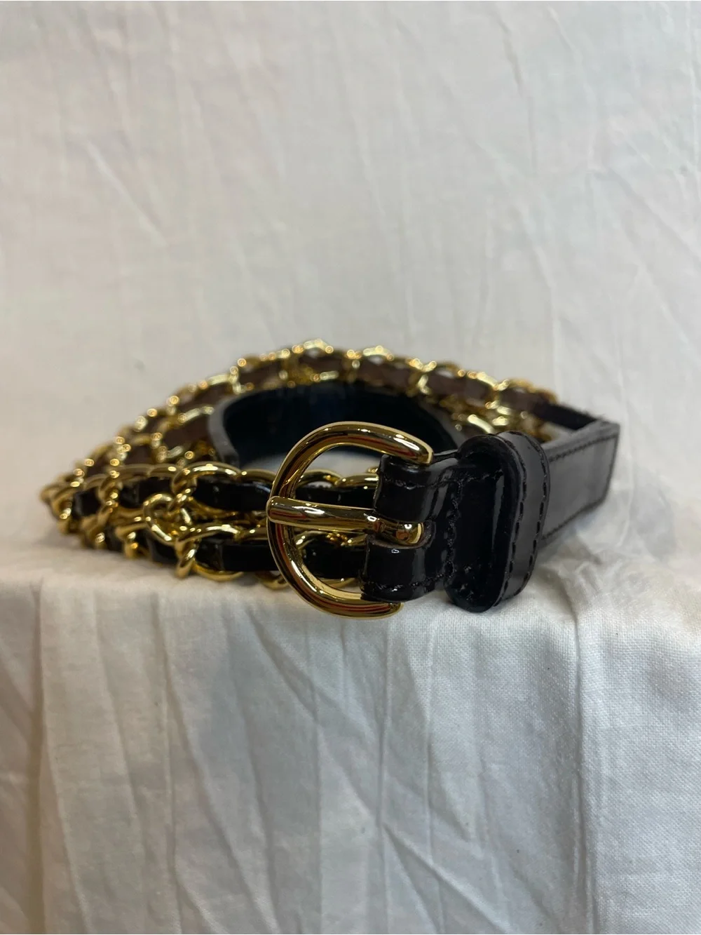 Talbots Black Leather Gold Chain Belt XS Vintage Style Statement Belt